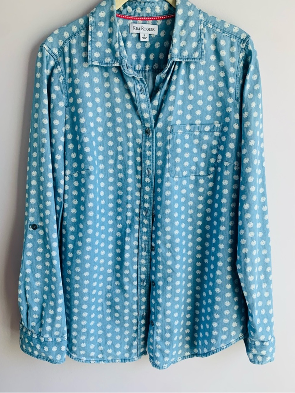 Seashell Motif Shirt Blue White Button Up Cotton Summer Vacation Classic EUC S